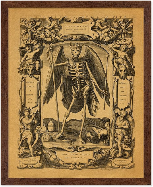 Poster Master Vintage Medieval Poster - Retro Gothic Print - Gift for Artist, Friend - Angel of Death, Memento Mori, Life, Skeleton, Dark - Wall Decor for Home, Living Room, 11x14 Brown Framed
