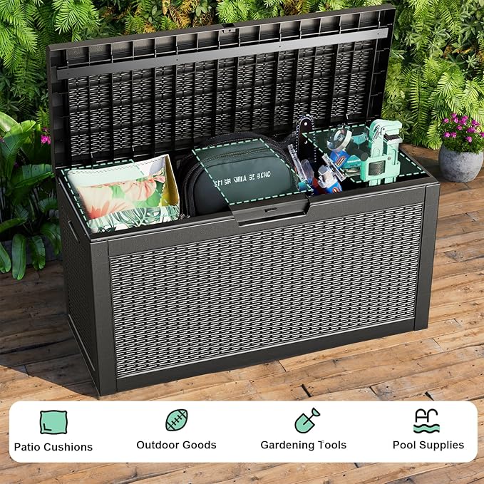 Vixzen 60 Gallon Outdoor Deck Box,Lockable Resin Waterproof Storage Box,UV Resistant,Weather Resistance,Outside Storage Bin for Gardening Tools,Pool Supplies,Black