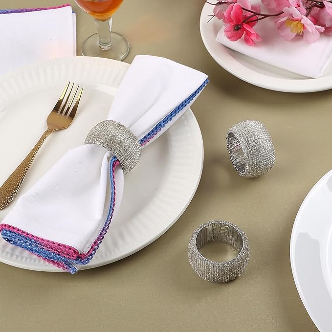 12 Pieces Plastic Bead Napkin Rings - Beaded Napkin Holders for Christmas, Thanksgiving, Holiday Party, Dinner PartyWeddings, Parties, Family Gatherings, and Table Décor(Silver)- ALPHA Living HOME