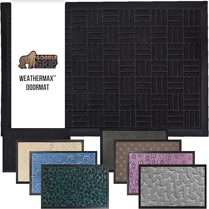 GORILLA GRIP 100% Waterproof All-Season WeatherMax Doormat 35x23, US Designed Natural Rubber, Stain and Fade Resistant, Low Profile Indoor Outdoor Door Mats, Easy Clean Patio Mat, Midnight Maze