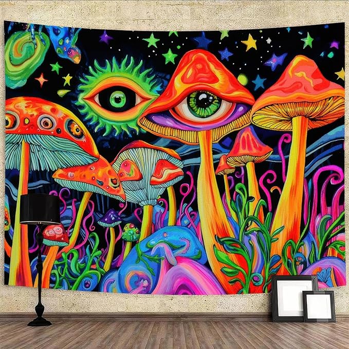 BlissYard Blacklight Tapestry Mushrooms Tapestry for Bedroom Uv Reactive Tapestry 78x59 Inches Cosmic Mushrooms Wall Hanging, Fluorescent Art Decoration with Eyes, Stars, and Psychedelic Design
