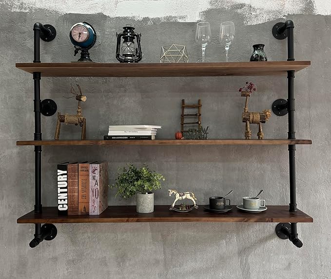 Industrial Pipe Wall Shelves Pipe Shelving with Real Wood Plank ,48 Inches Floating Shelves for Wall Farmhouse Pipe Book Shelves Dark Brown 3 Tier for Kitchen,Living Room Decor and Bar Shelving
