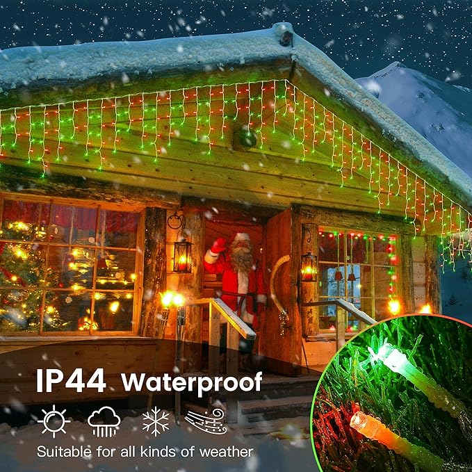 Hopolon 33FT 360L LED Christmas Icicle Lights Outdoor Waterproof,8 Modes Plug in Curtain String Lights with 60 Drops,Christmas Lights for Wedding,Party,Bedroom,Garden,Home,Wall Decorations(Red Green)