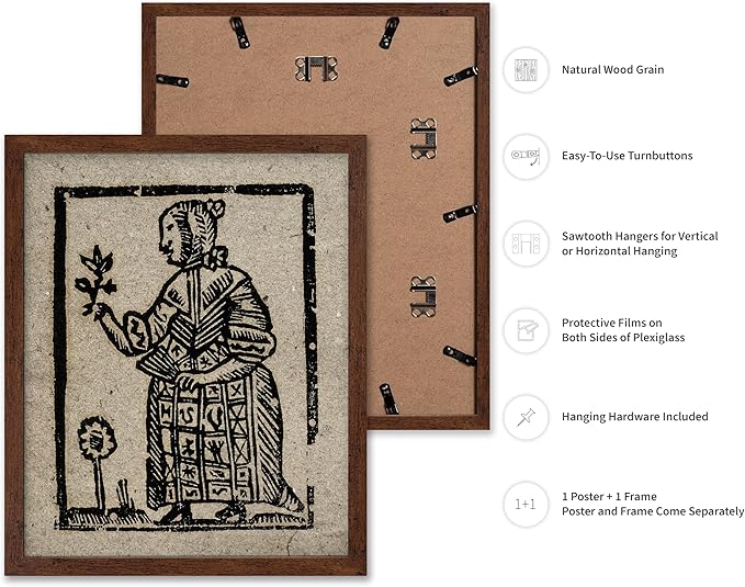 Poster Master Vintage Woodcut Poster - Retro Medieval Print - Gift for Gothic, Horror Fan - Witch Holding a Plant, Magic, Spell, Herbalist - Wall Decor for Bedroom, Dorm, 11x14 Brown Framed