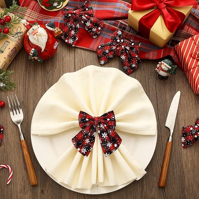 LemonRoad 12 Pcs Christmas Buffalo Plaid Snowflakes Napkin Rings Bulk Xmas Napkin Holder Rings Buckle for Holiday Birthday Party Anniversary Dinner Wedding Dining Table Decoration(Red Black Plaid)