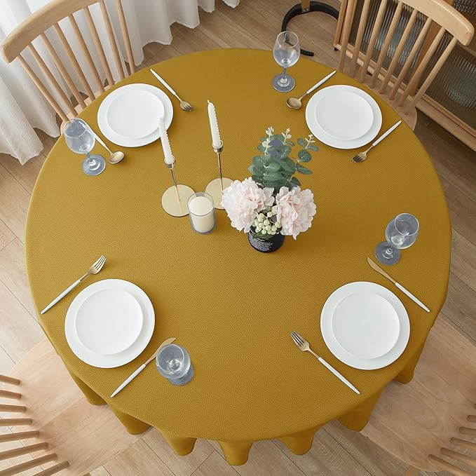 Biscaynebay Textured Fabric Round Christmas Table Cloths 108", Gold Water Resistant Table Covers for Dining, Kitchen, Wedding, Parties etc. Machine Washable
