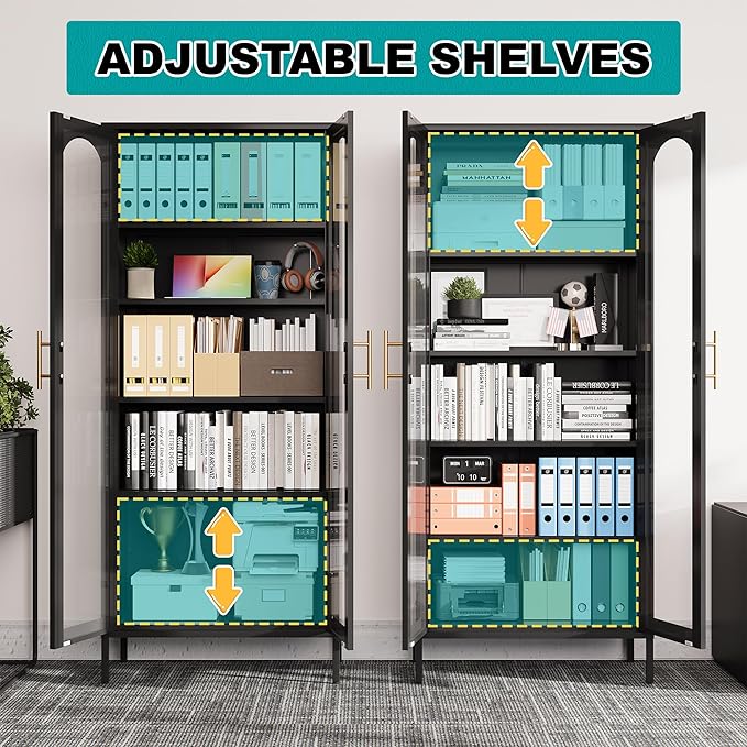 71" Tall Display Cabinet, 5-Tier Bookshelf with Doors & Adjustable Shelf, Modern Storage Cabinets Ideal for Book, Wine, Collectibles, Free Standing Bookcase for Home, Office, Living Room