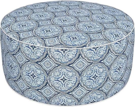 Inflatable Ottoman Stool D31 xH14 for Outdoor/Indoor Use, Water Repellent Patio Foot Rest Stool with Portable Handle,Round Pouf Ottoman Suitable for Garden,Deck and Camping - Medallion Blue