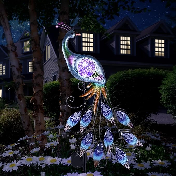 TERESA'S COLLECTIONS Solar Garden Lights Outdoor Garden Decor, Metal Peacock Decorations for Yard, 33'' Purple Decorative Garden Stake for Outside with Crackle Glass Ball, Lawn Party Gifts for Mom