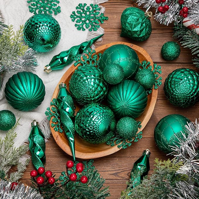 50PCS Christmas Tree Ornaments Set with Shatterproof Balls Icicle Snowflake Hanging Ornaments for Home Office Farmhouse Christmas Decorations, Dark Green