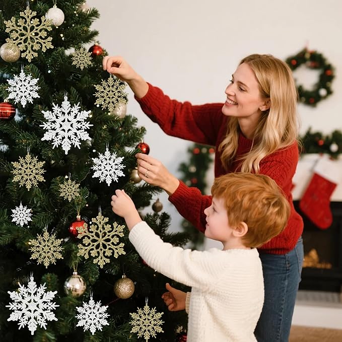 36pcs Snowflakes-Christmas Tree Decorations, Snowflake Ornaments for Tree, Plastic Glitter White Gold Snow Flakes Ornaments, Christmas Indoor Winter Wonderland Frozen Birthday Party Holiday Home Decor