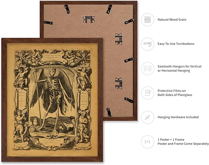 Poster Master Vintage Medieval Poster - Retro Gothic Print - Gift for Artist, Friend - Angel of Death, Memento Mori, Life, Skeleton, Dark - Wall Decor for Home, Living Room, 16x20 Brown Framed