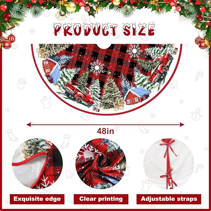 Christmas Tree Skirt 48 Inches Red Xmas Soft Cover Mat Decor Retro Xmas Tree Skirt for New Year Holiday Ornaments Indoor Outdoor Decorations (Buffalo Plaid)