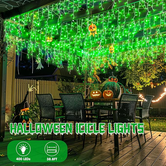 JMEXSUSS 400 LED 38.8F Green Icicle Lights for Halloween Decorations, Green Halloween Lights Indoor Outdoor, String Icicle Light for House Fireplace Party Yard Decoration