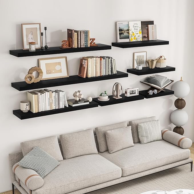 RICHFOCUS 55Inch Floating Shelves for Wall 1 Pack Shelves for Bedroom|Kitchen|Bathroom Wall Mounted Rustic Wood Floating Shelf with Invisible Brackets for Books|Storage|Decor, Black
