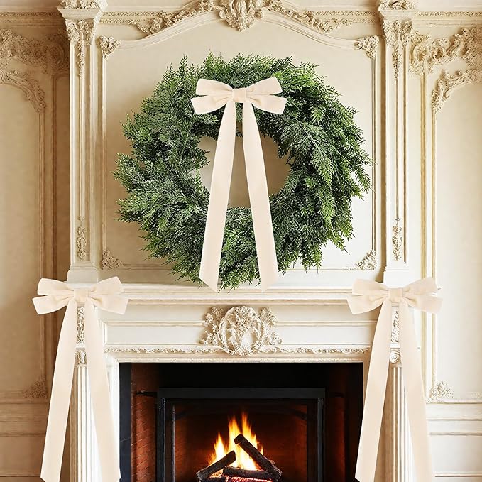 Senjie Velvet Large Christmas Bows for Staircase Garland Wreath, 20in x 8in Vintage Ribbon Bows with Twist Tie for Xmas Tree Holiday Indoor Outdoor Decorations (6Pcs, Beige)