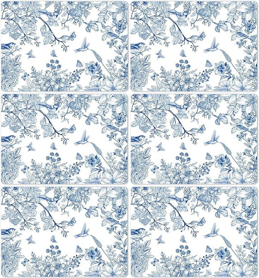 Blue Floral Placemats Set of 6 Flower Bird Plastic Table Mats Seasonal Spring Placemats Chinoiserie Place Mats Rustic Vintage Table Decoration for Indoor Outdoor Party Kitchen Dining