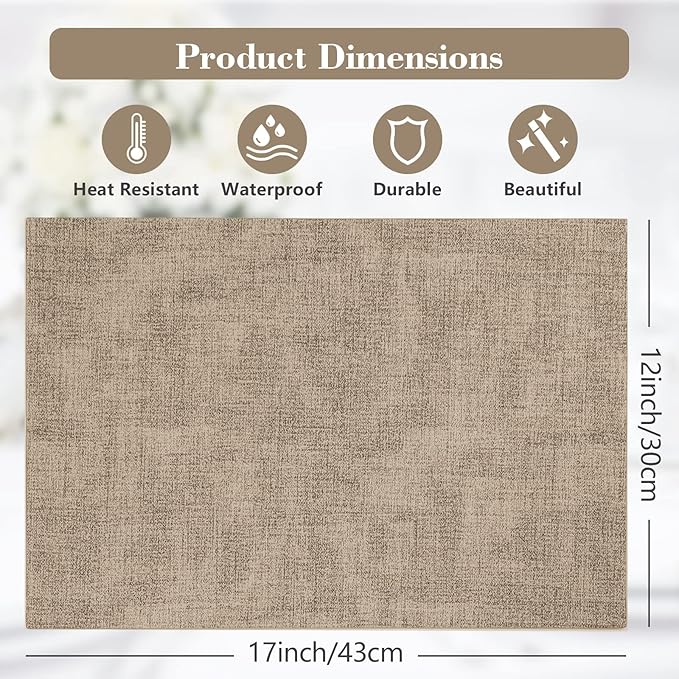 Faux Leather Placemats Set of 6,Heat Resistant Placemats for Dining Table, Easy Clean Non-Slip Place Mats, Waterproof Stain Resistant Wipeable Washable PU Table Mats, (Light Brown)