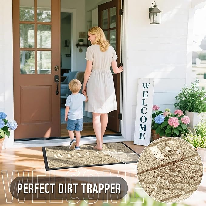 Yimobra Welcome Mat Outdoor Indoor, All-Season Waterproof Front Door Mat Outside Entrance, All-Weather Heavy Duty Non-Slip Doormat, Low Profile Porch Patio Entrance Mats, 47x24, Beige