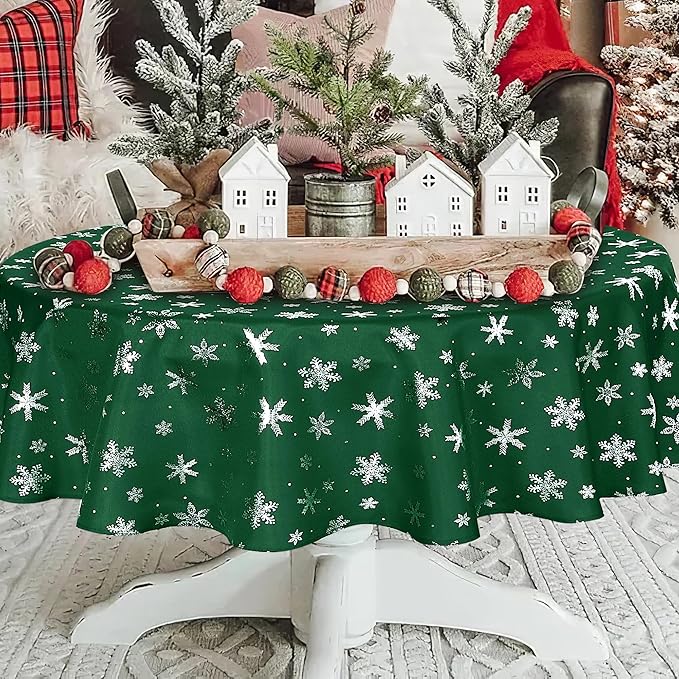 LUSHVIDA Christmas Tablecloth Round - Green 60inch Snowflakes Foil Print Pattern Washable Wrinkle Resistant Holiday Tablecloths for Christmas Family Gathering, Dining Room Table 130GSM