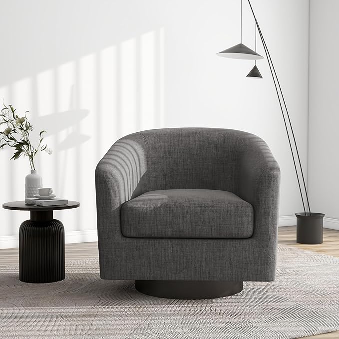 Swivel Barrel Accent Chair, Modern Round Linen Arm Chair for Living Room, Bedroom, Comfy Club Reading Chairs for Adults（Linen Fabric, Grey, Set of 2