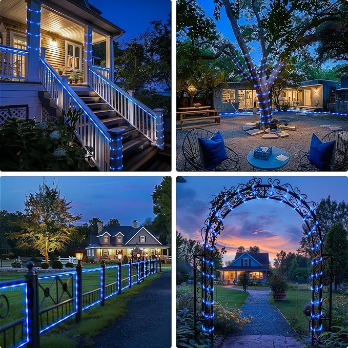 JMEXSUSS 2 Pack 100 LED Solar Rope Lights, IP65 Solar Rope Lights Outdoor Waterproof LED, 33ft 8 Modes PVC Tube Rope Light for Trampoline Xmas Fence Yard Walkway Path Garden(Blue)