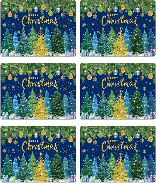 Christmas Pine Trees Placemats Set of 6 Plastic Table Mats Xmas Ball Ornaments Snowflakes Place Mats Holiday Pine Trees Winter Table Decoration for Indoor Outdoor Party Kitchen Dining