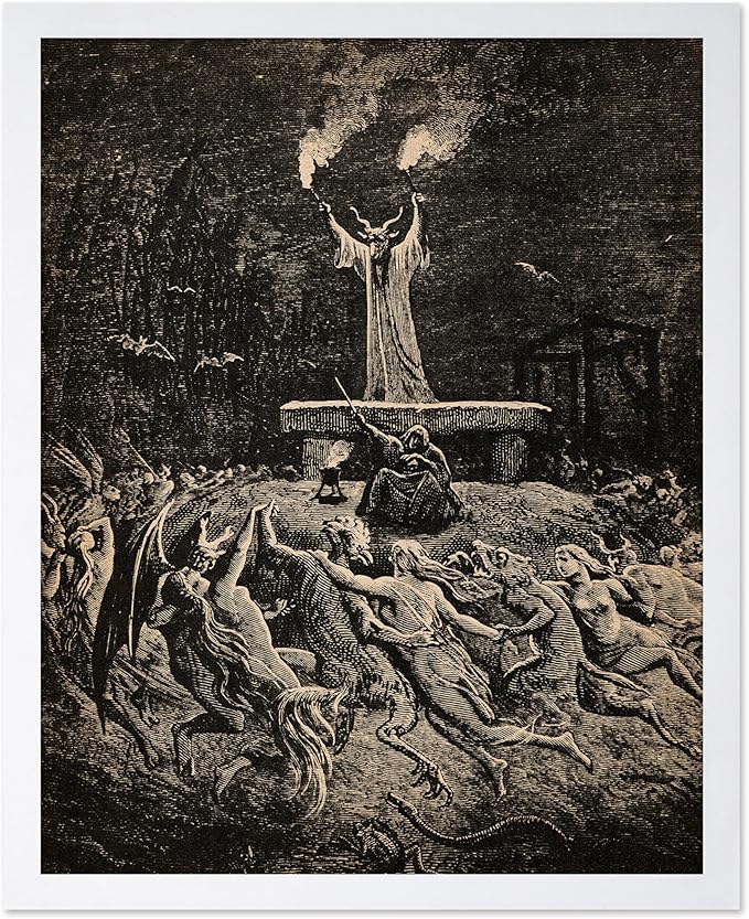 Poster Master Vintage Gustave Dore Poster - Retro Illustration Print - Gift for Gothic, Horror Fan - Dance of Sabbath, Witch, Magic, Spell - Wall Decor for Bedroom, Dorm, 16x20 White Framed