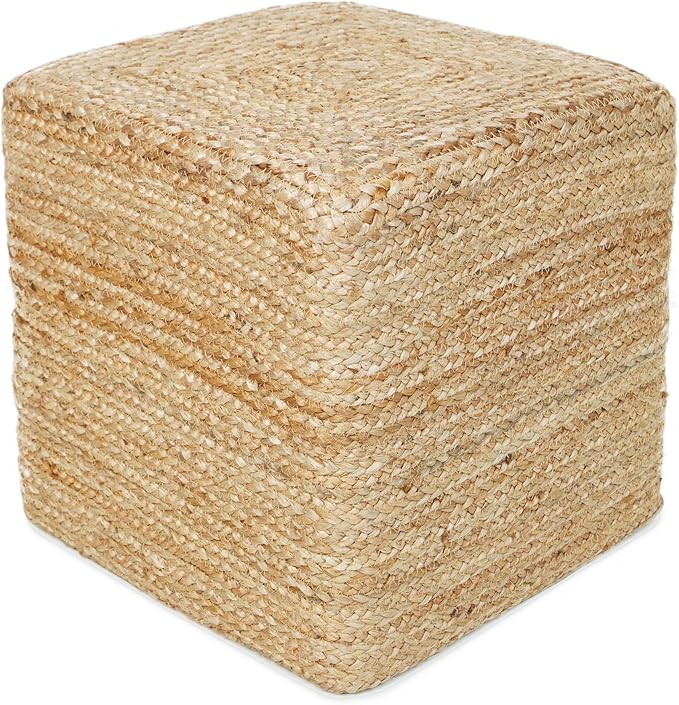 REDEARTH · Cube Pouf Foot Stool Ottoman - Jute Braided Pouffe Poof Accent Sitting Footrest for The Living Room, Bedroom, Nursery, Patio, Lounge & Other Rooms in The Home (14.5”x14.5”x16”; Natural)