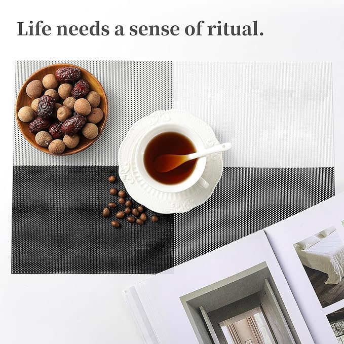 Leetaltree Gray with White Grid Pattern Placemats Set of 6 - Heat Resistant Non-Slip Place mats for Dining Table, Washable Durable PVC Vinyl Woven Table Mats（Grey Grid, 6）