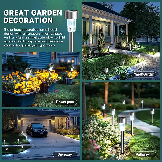 GIGALUMI Solar Lights Outdoor Waterproof, 20 Pack, Stainless Steel LED Solar Garden Lights for Patio, Lawn, Yard and Landscape, Garden Decor Patio Decor, Cold White