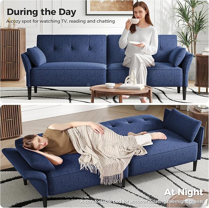 89” Futon Sofa Bed, Linen Comfy Futon Couch Bed with 2 Square Pillows, Convertible Sleeper Sofa with Adjustable Backrest& Armrests, Modern Loveseat Sleeper for Living Room, Bedroom, Blue