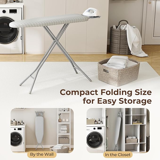 Yaheetech Foldable Ironing Board, Heavy Duty Iron Board with 9 Adjustable Heights, 4 Layer Cover and Safety Iron Rest, 52X14 Compact and Space Save Iron Board for Home Laundry Room Use, Gray&White