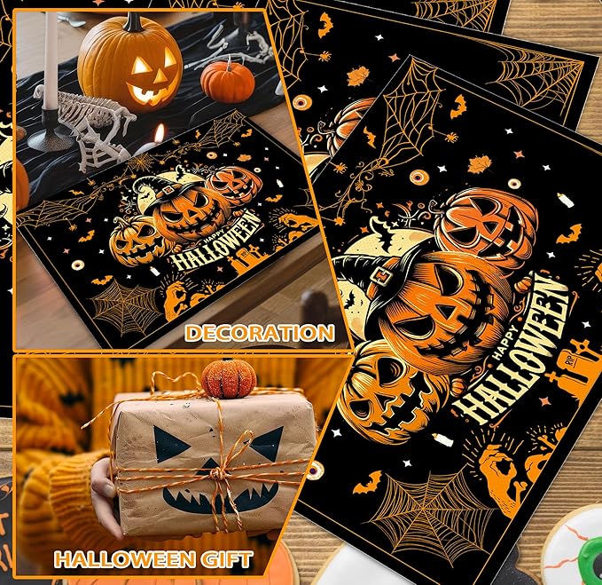Halloween Spooky Placemats Set of 4, 12x18 Inch Pumpkin Bat Table Mats, Washable Heat Resistant Place Mats for Kitchen Dining Table, Halloween Themed Decoration for Home-B05