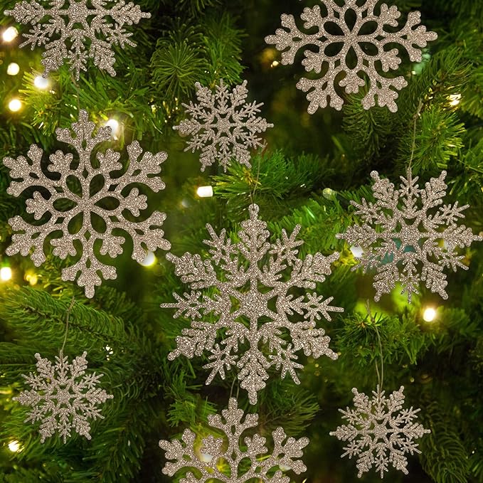 36pcs Christmas Champagne Gold Snowflake Ornaments Plastic Glitter Snow Flakes Ornaments for Winter Christmas Tree Decorations Size Varies Craft Snowflakes