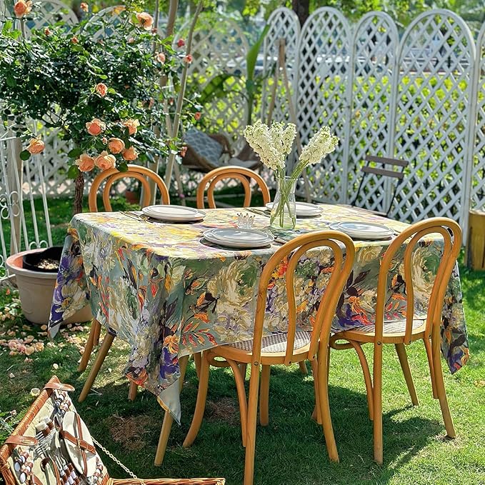 Rectangle Outdoor Tablecloth 120 x 60 Inch, Block Print Waterproof Table Cloth, Table Cover for Dining, Picnic, Easter, Wedding Spring/Summer - Green