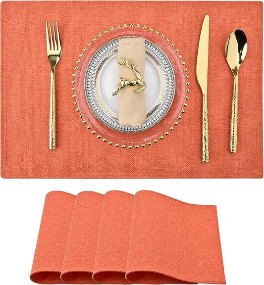 Thanksgiving Orange Cloth Placemats Set of 4 - Easy to Clean Linen Style Fabric Table Placemats -Machine Washable & Heat Resistant Non-Slip Table Mats for Holiday Dining (4, Orange)