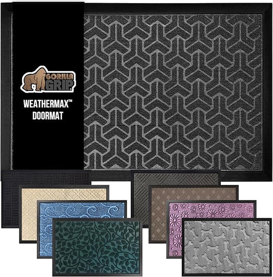 GORILLA GRIP 100% Waterproof All-Season WeatherMax Doormat, US Designed Natural Rubber, Stain and Fade Resistant, Low Profile Indoor Outdoor Door Mats, Easy Clean Patio Mat, 17x29, Slate Geometric