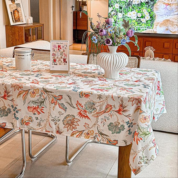 Spring Summer Outdoor Tablecloth 60 x 84 Inch, Rectangular Waterproof Spillproof Table Cloth, Washable Decorative Floral Table Cover for Dining, Farmhouse, Party, Easter - Flowers and Birds