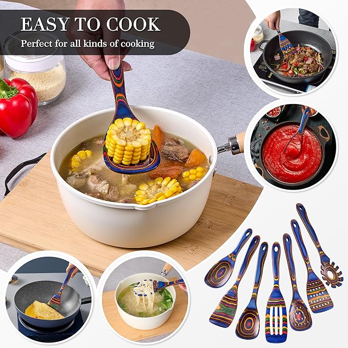 Heat-Resistant Wood Cooking Utensils - 7pc Set, Eco-Friendly, Includes Spatula, Pasta & Slotted Spoons, Essential Kitchen Tool