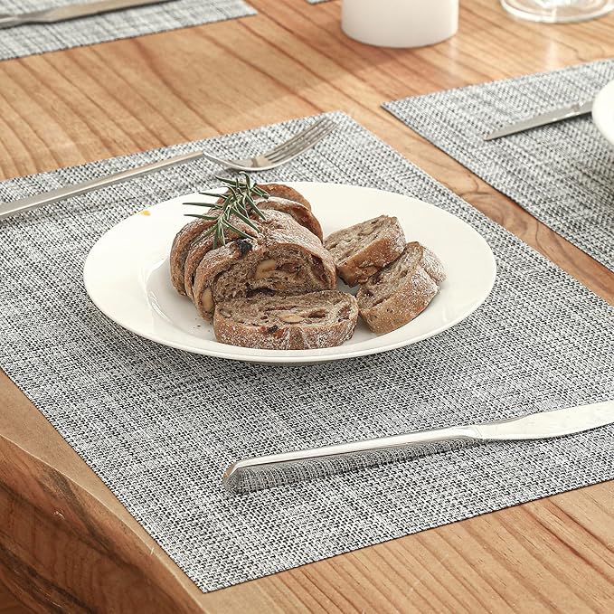Leetaltree Linen Grey Placemats Set of 12 - Heat Resistant Non-Slip Place mats for Dining Table, Washable Durable PVC Vinyl Woven Table Mats（Linen Grey, 12）