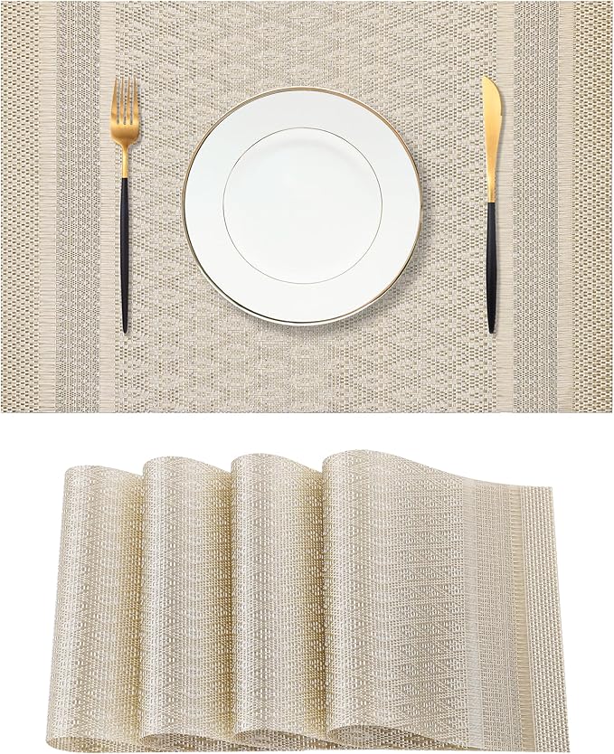 Leetaltree Stardust Yellow Placemats Set of 4 - Heat Resistant Non-Slip Place mats for Dining Table, Washable Durable PVC Vinyl Woven Table Mats（Stardust Yellow, 4）