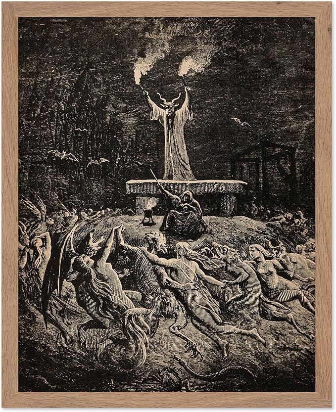 Poster Master Vintage Gustave Dore Poster - Retro Illustration Print - Gift for Gothic, Horror Fan - Dance of Sabbath, Witch, Magic, Spell - Wall Decor for Bedroom, Dorm, 8x10 Beige Framed
