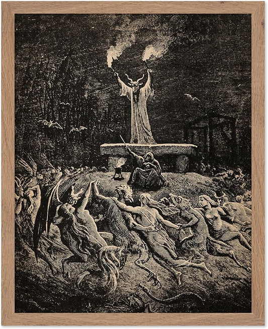 Poster Master Vintage Gustave Dore Poster - Retro Illustration Print - Gift for Gothic, Horror Fan - Dance of Sabbath, Witch, Magic, Spell - Wall Decor for Bedroom, Dorm, 8x10 Beige Framed