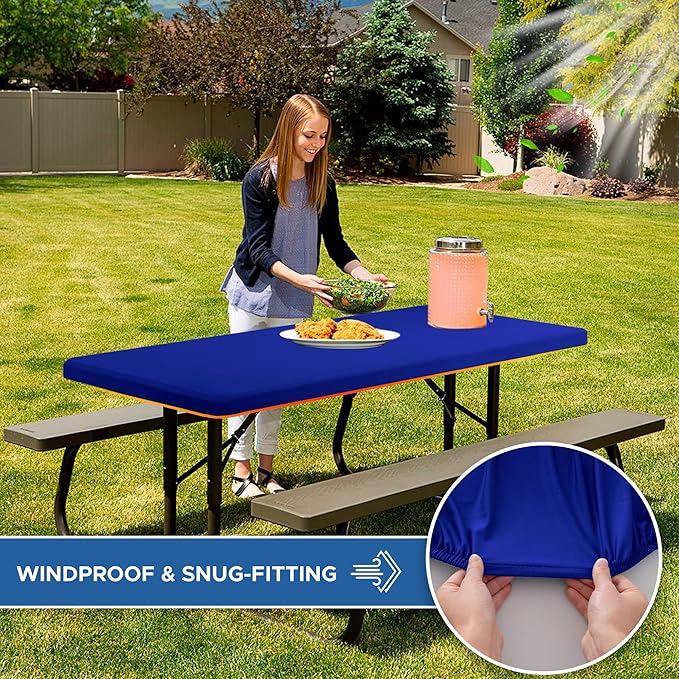 Fitted Tablecloth for 8 Foot Rectangle-4 Pack Royal Blue Elastic Outdoor Picnic Table Cover-Spandex Stretch Folding Table Cloths 8ft for Camping Dining Room Patio Kitchen Banquet Party