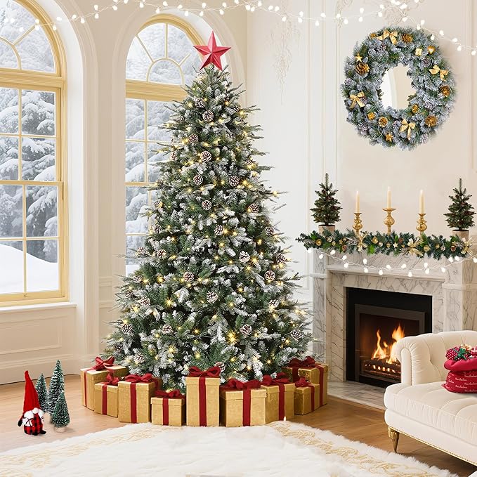 7.5 FT Snow Flocked Christmas Tree with 450 Warm Lights-8 Modes, Prelit Christmas Trees with Pine Cone & Gloves, Metal Folding Stand, Full Artificial Xmars Tree for Home Decor, Norway Spruce, Green