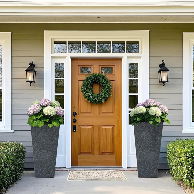 28" Large Tall Square Planters for Outdoor Plants, Set of 2 V-Shaped Planter Box with Black Terrazzo Look, Durable and Weather Resistant, Ideal or Garden, Patio, Porch or Home use.