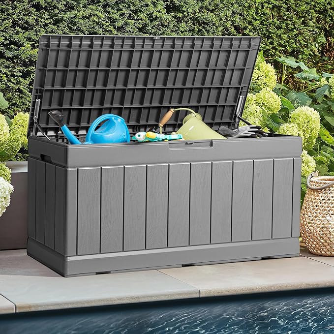 JUMMICO 83 Gallon Outdoor Deck Box Large Resin Storage Box for Patio Furniture Cushions, and Garden Tools (Gray)