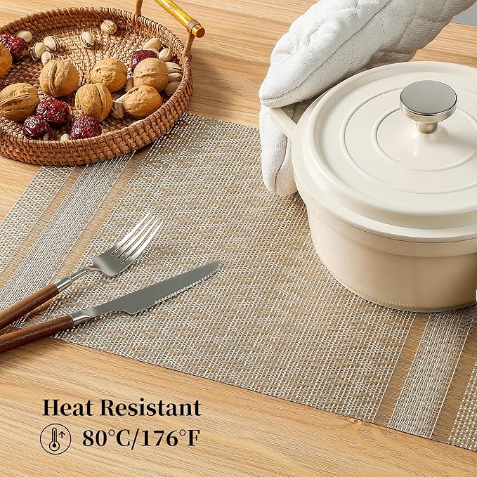 Leetaltree Stardust Yellow Placemats Set of 6 - Heat Resistant Non-Slip Place mats for Dining Table, Washable Durable PVC Vinyl Woven Table Mats（Stardust Yellow, 6）