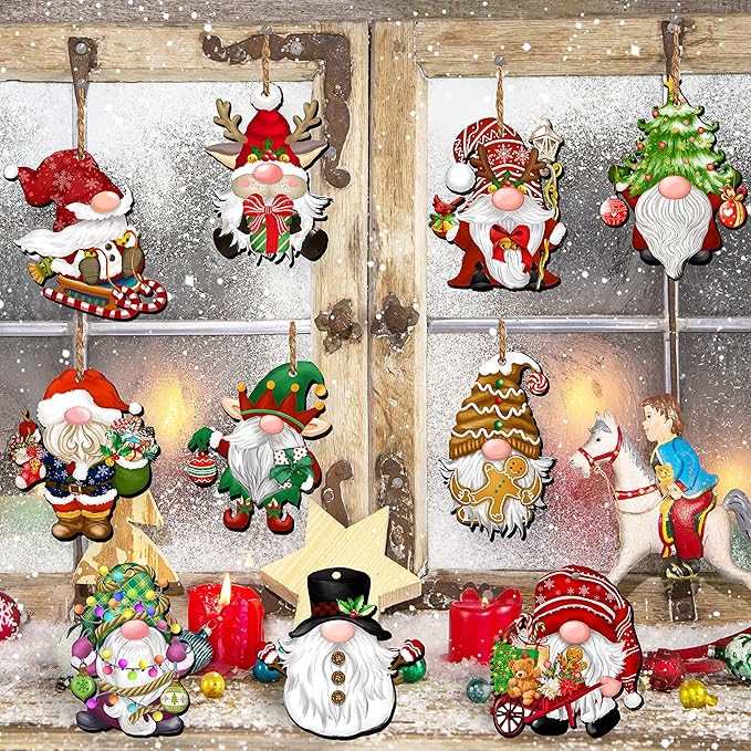 24 Pieces Christmas Gnome Wooden Ornaments Wood Hanging Decorations for Christmas Tree Santa Clause Elf Hanging Wood Crafts Holiday Decor Xmas Party Supplies (Xmas-Gnomes-B)